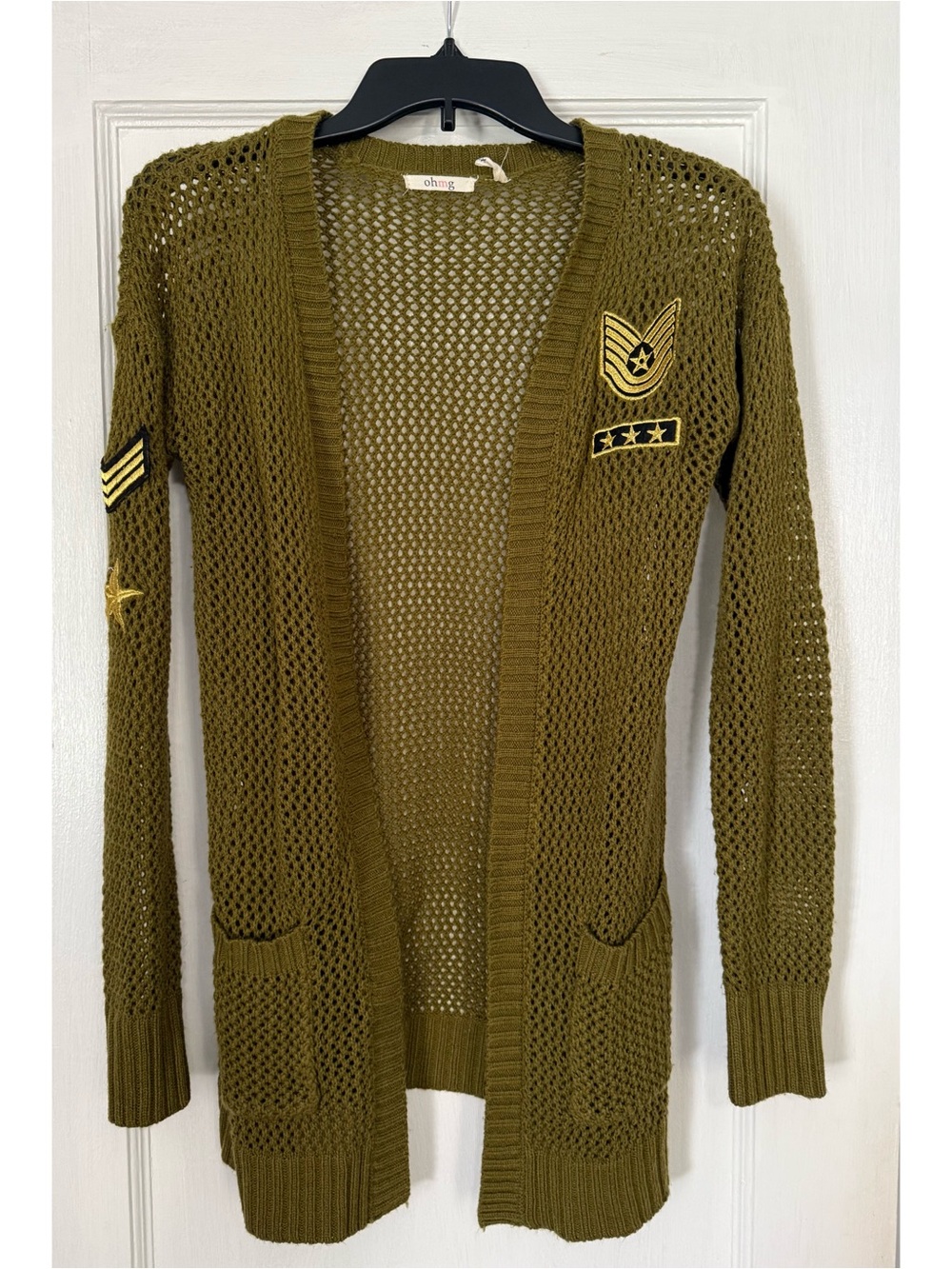 Olive Open-Weave Military Patch Cardigan